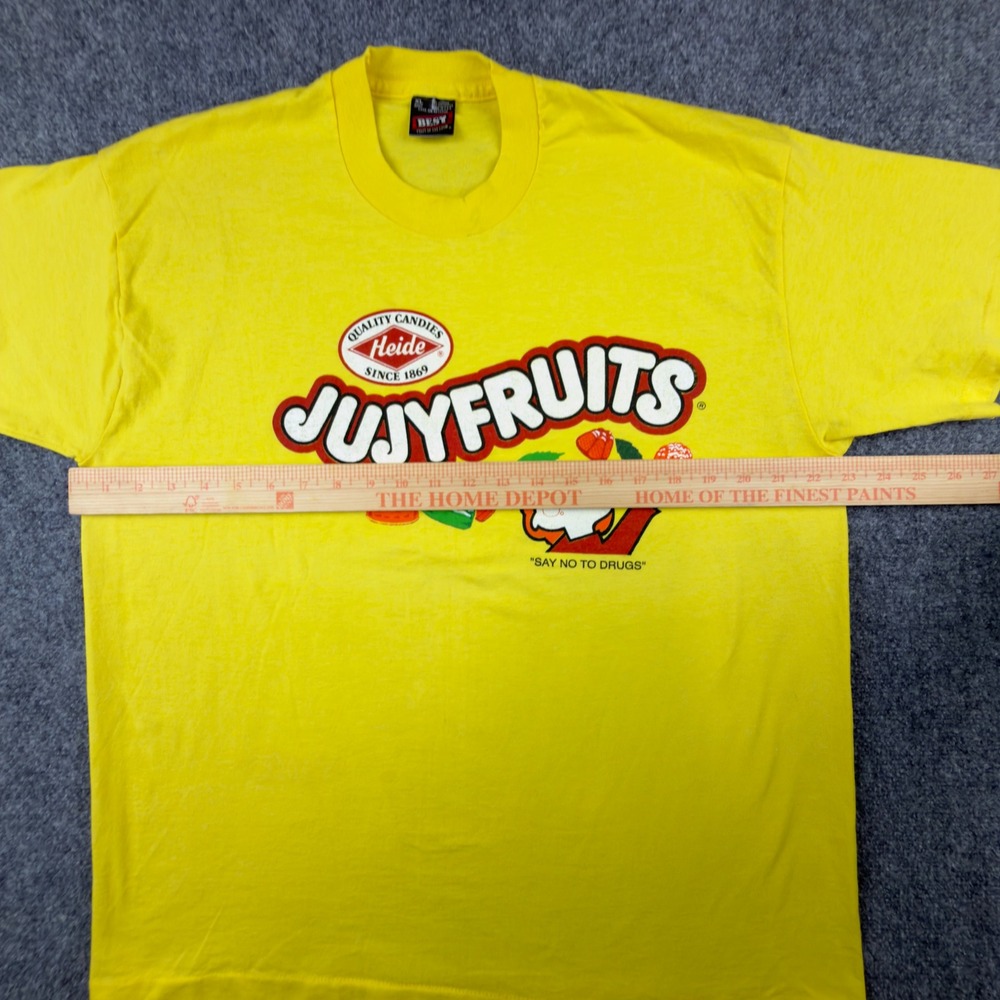 Vintage 80s Jujyfruits Say No To Drugs T Shirt XL Yellow Fruit of the Loom Best - Picture 6 of 8